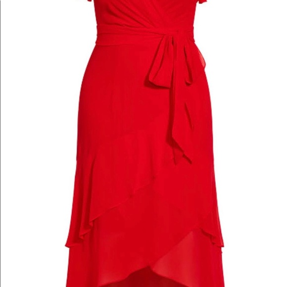 Stunningly Sexy Lipstick Red Chiffon HiLo Ruffle Wrap Dress - Picture 4 of 10